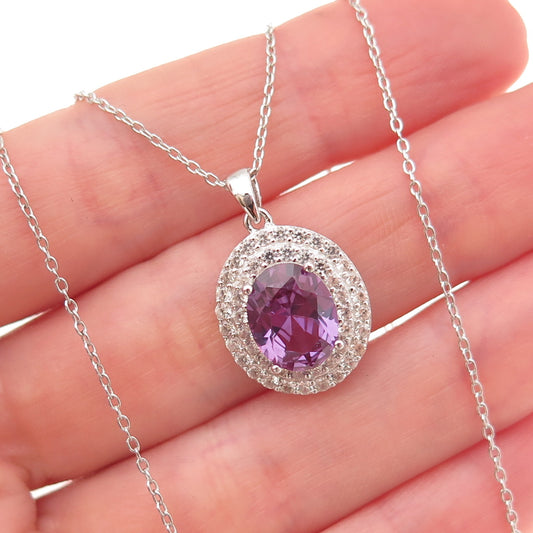925 Sterling Silver Real Amethyst & White Topaz Cable Chain Necklace 18"