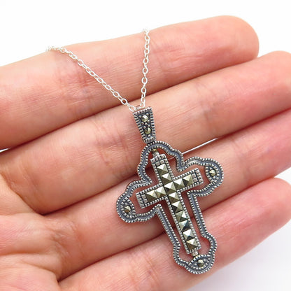 925 Sterling Silver Real Marcasite Gem Cross Pendant Rolo Chain Necklace 18"