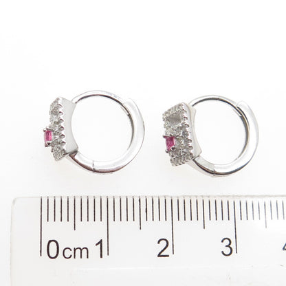 925 Sterling Silver Pink Princess-Cut & White Round-Cut Shaped C Z Hoop Earrings