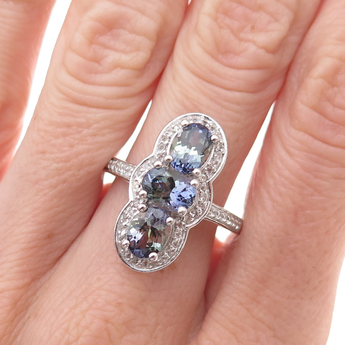 Chuck Clemency 925 Sterling Silver Real Tanzanite & White Topaz Ring Size 8.25