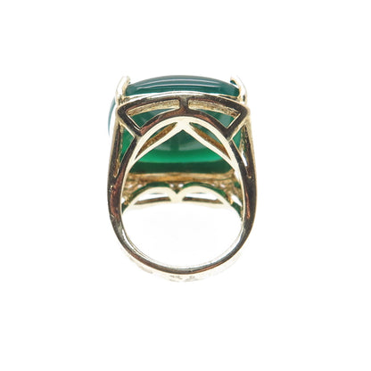 925 Sterling Gold Plated Real Green Onyx & White Topaz Statement Ring Size 6.25