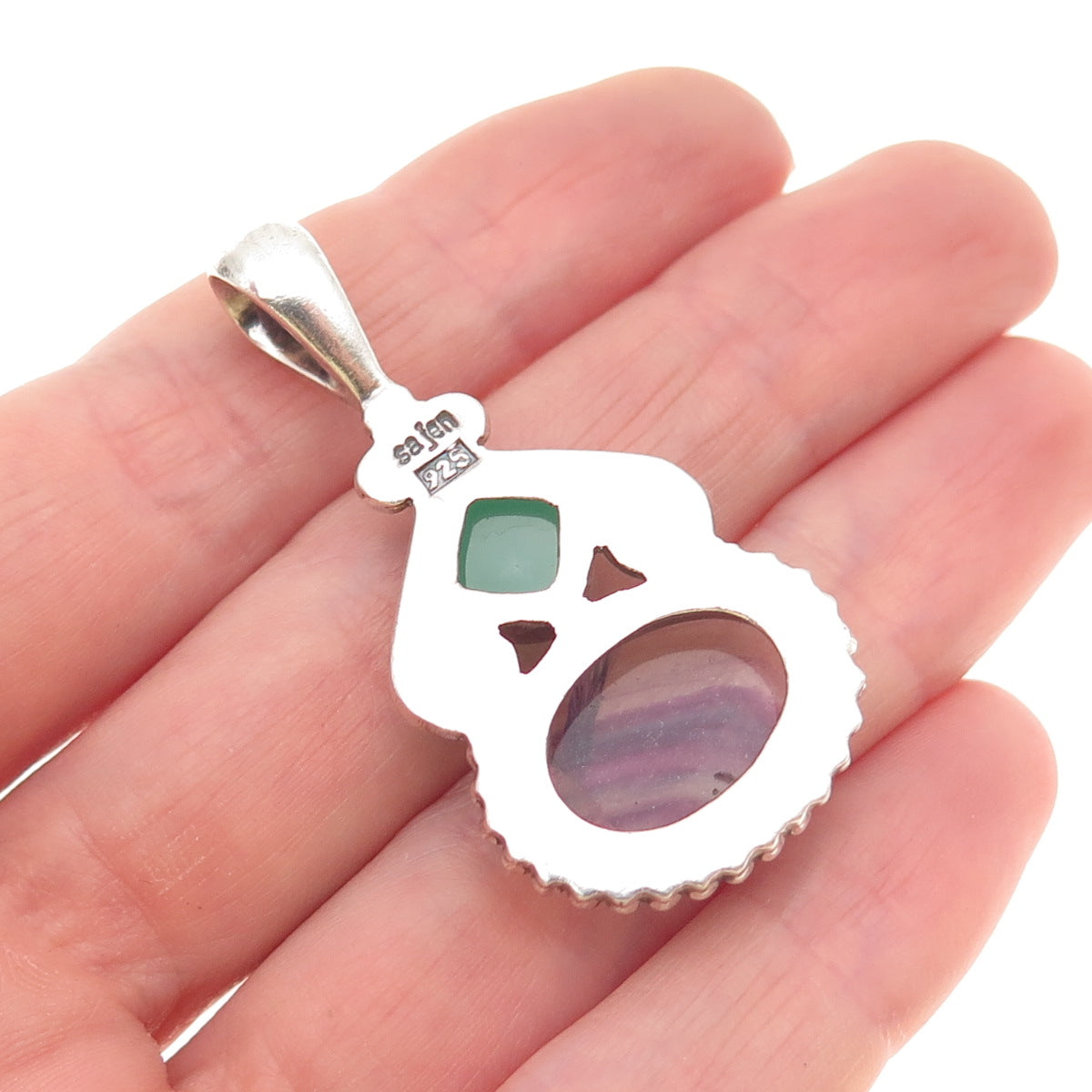 SAJEN 925 Sterling Silver Vintage Real Fluorite & Green Chalcedony Charm Pendant