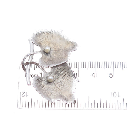 CARL ART 925 Sterling Silver Antique Art Deco Real Pearl Floral Leaf Pin Brooch