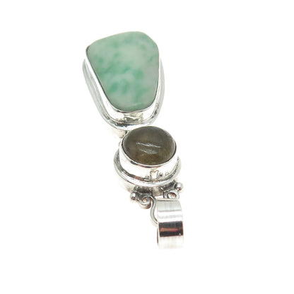 925 Sterling Silver Vintage Real Jade & Labradorite Gemstone Amulet Pendant