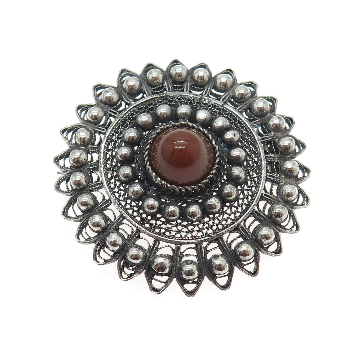 800 Silver Antique Egypt Real Red Agate Gemstone Filigree Pin Brooch