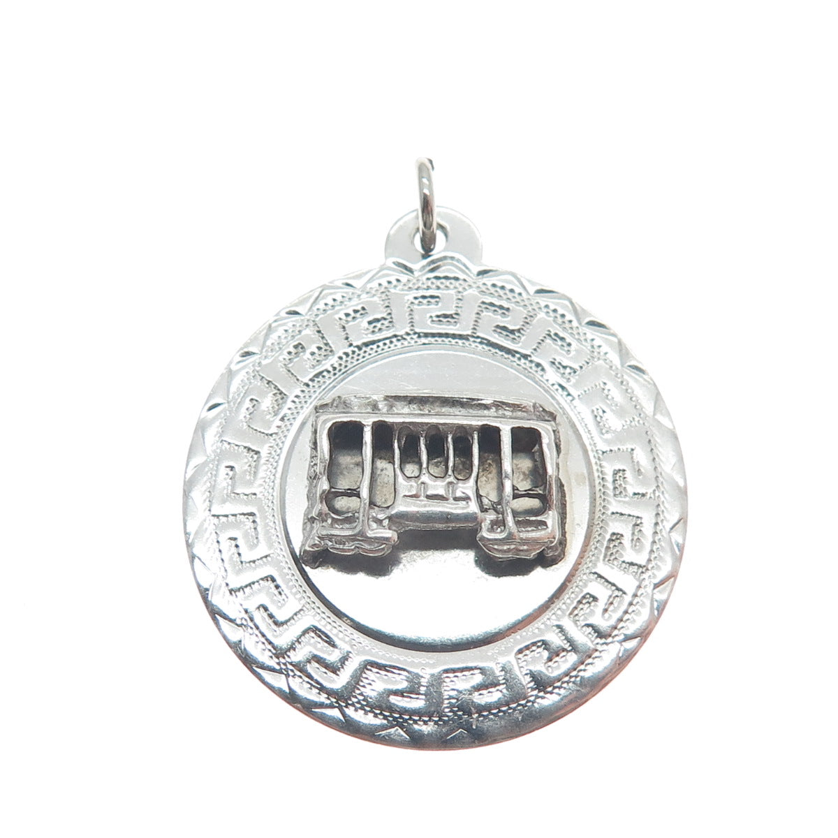 SASCO 925 Sterling Silver Vintage Cable Car Greek Key Round Tag Pendant