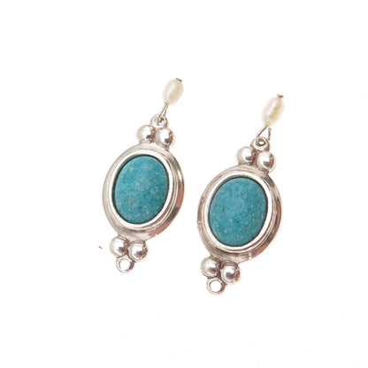 Coleman Co. Sterling Silver Vintage Real Turquoise Inlay & Pearl Jacket Earrings