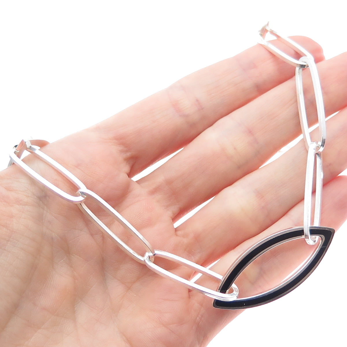 925 Sterling Silver Vintage Black Onyx Modernist Paperclip Chain Necklace 24"