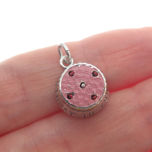 925 Sterling Silver Antique Enamel Happy Birthday To You Cake Minimalist Pendant