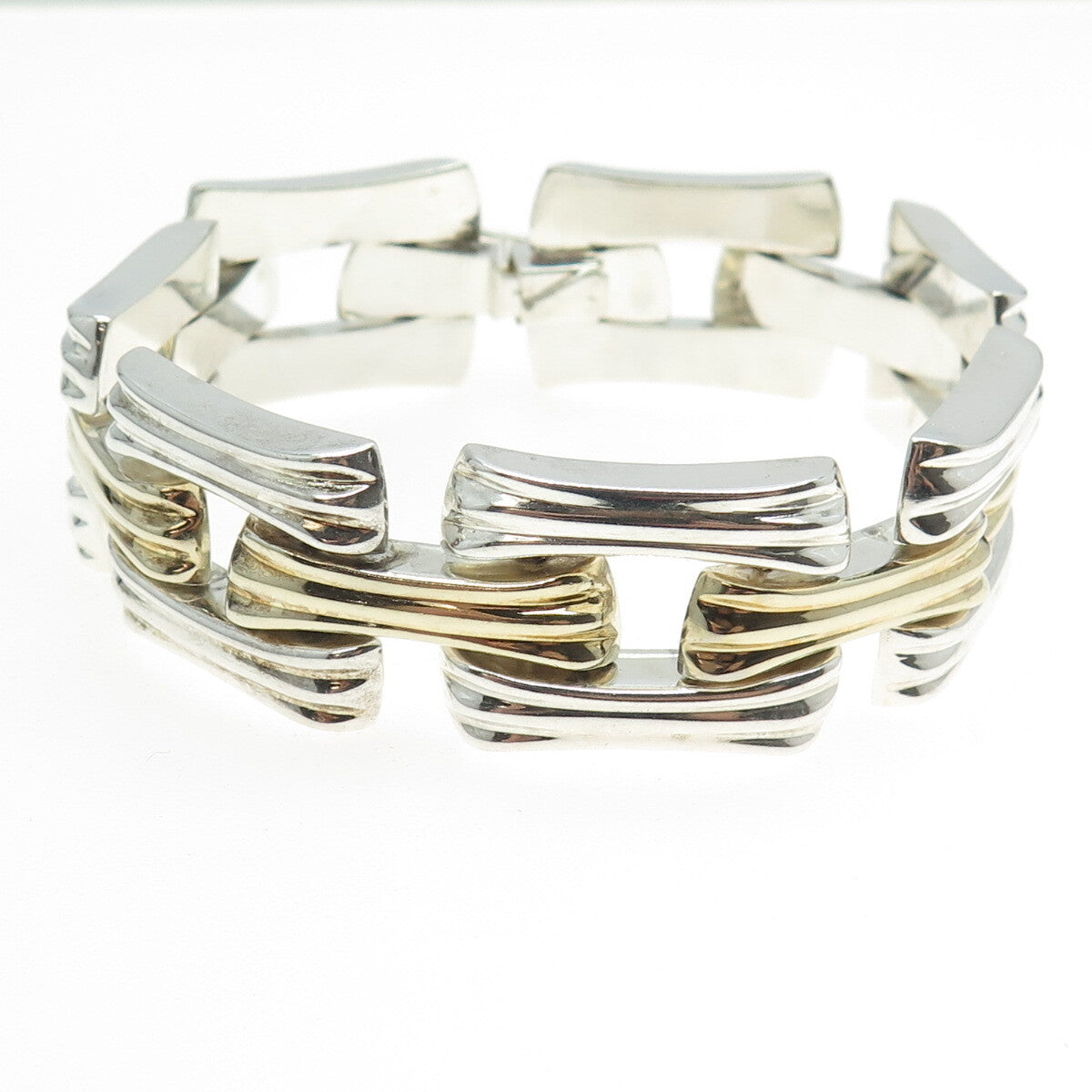 925 Sterling Silver 2-Tone Vintage Italy Modernist Panel Link Bracelet 7.5"
