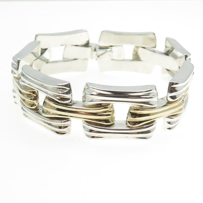 925 Sterling Silver 2-Tone Vintage Italy Modernist Panel Link Bracelet 7.5"