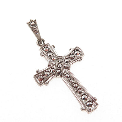 Theda 925 Sterling Silver Antique Art Deco Real Marcasite Cross Charm Pendant