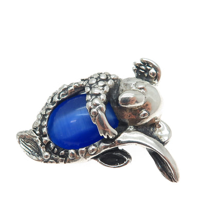 925 Sterling Silver Vintage Fiber Optic Blue Cat's Eye Koala Oxidized Pendant