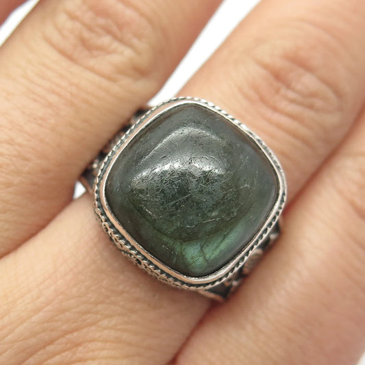 925 Sterling Silver Vintage Real Labradorite Gemstone Ornate Ring Size 9.75