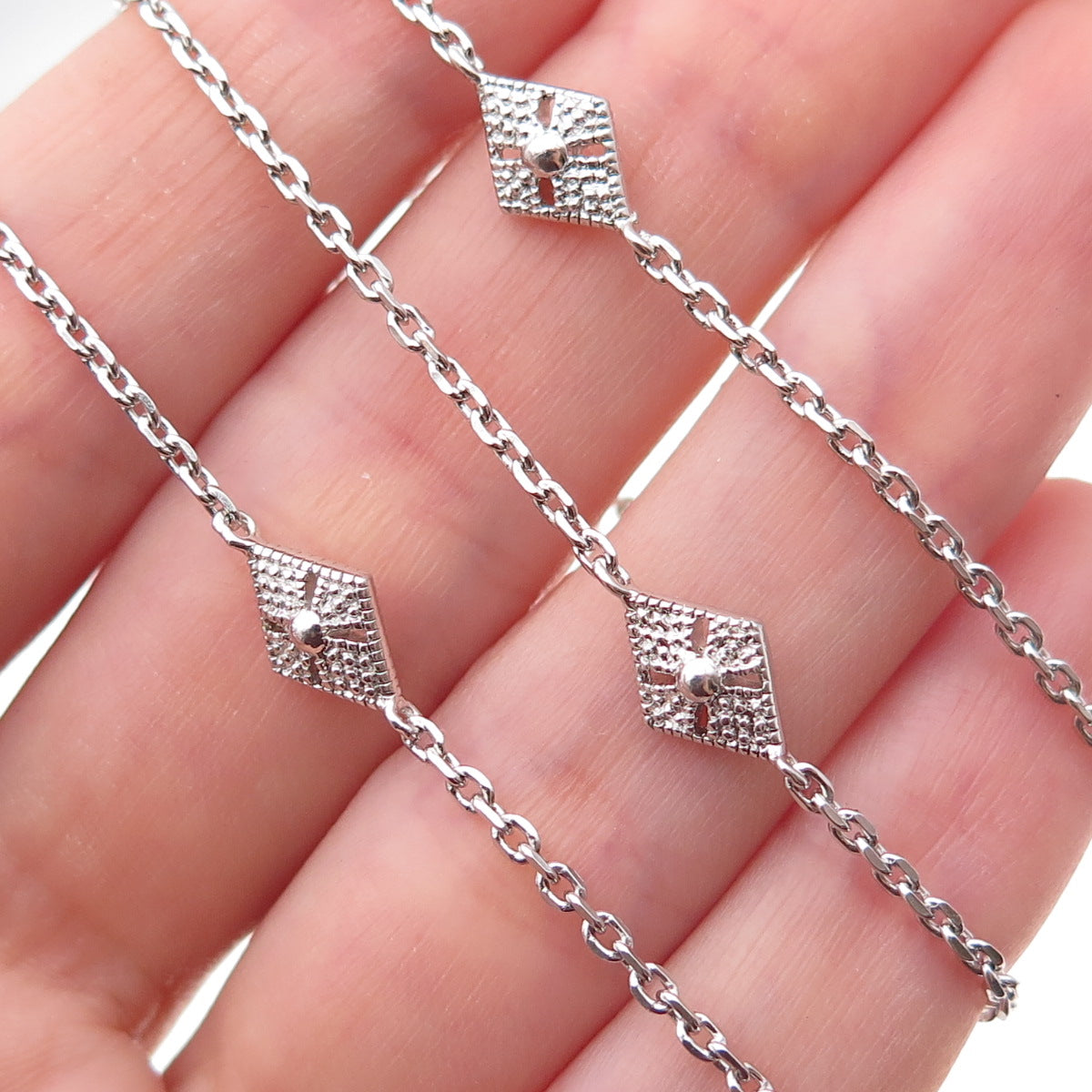 925 Sterling Silver Floral Station By The Yard Cable Chain Necklace 18"