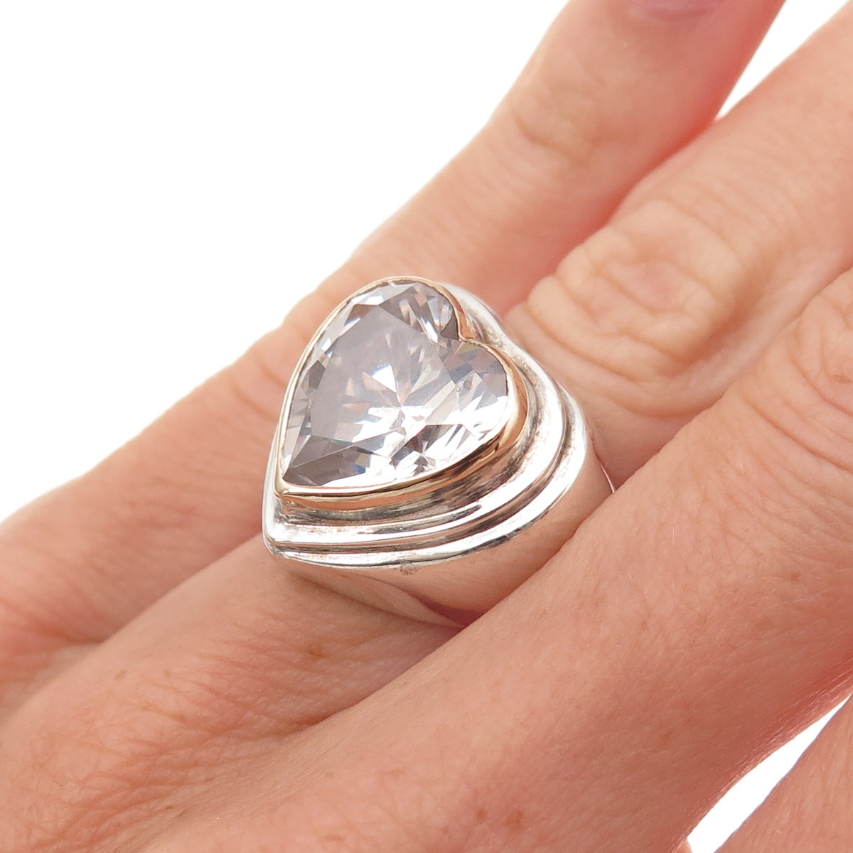 925 Sterling Silver 14K Gold Vintage C Z Modernist Heart Oxidized Ring Size 4.5