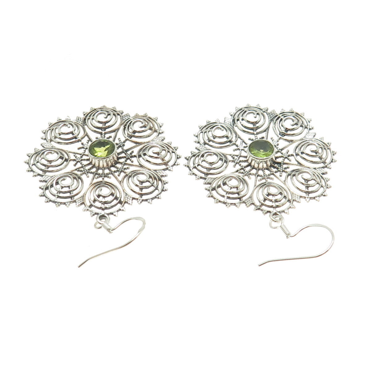 925 Sterling Silver Vintage Real Peridot Spiral Floral Dangle Earrings