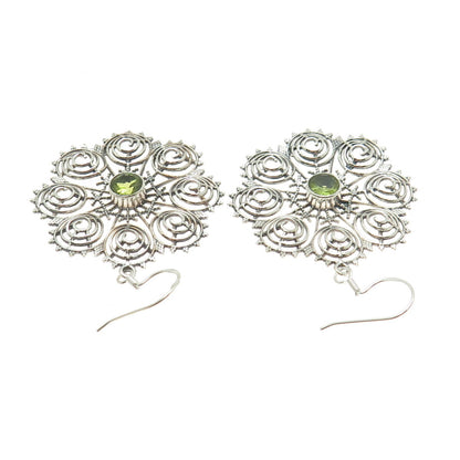 925 Sterling Silver Vintage Real Peridot Spiral Floral Dangle Earrings