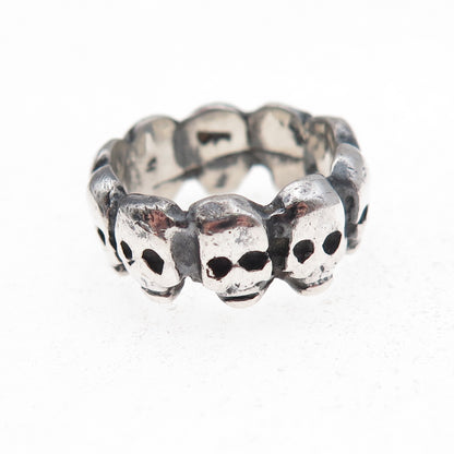 925 Sterling Silver Vintage Skull All Around Oxidized Band Ring Size 5.25