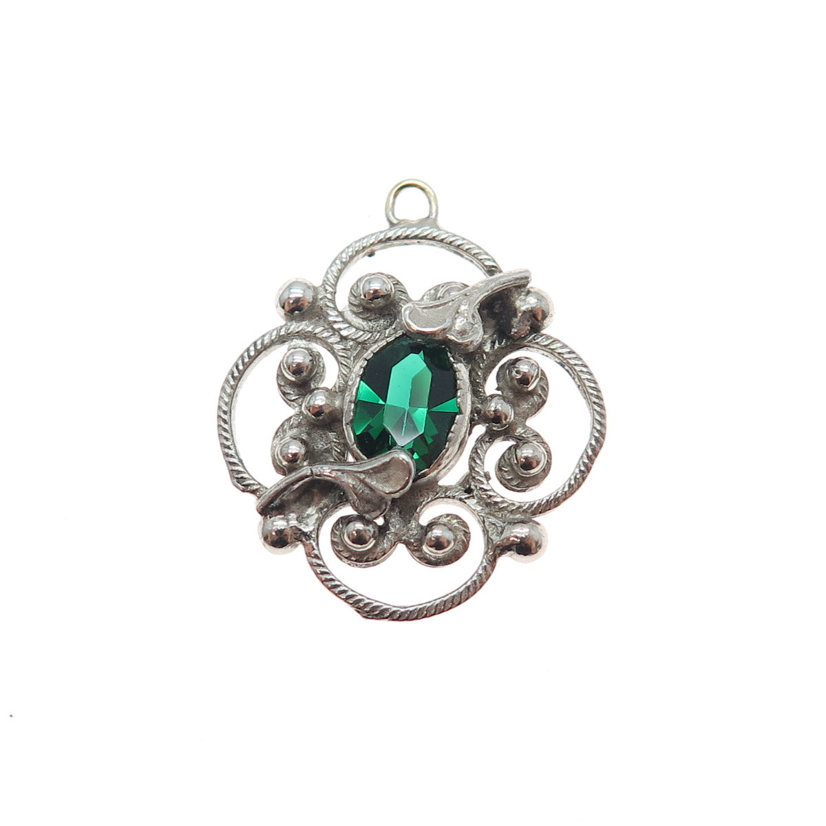 925 Sterling Silver Antique Art Deco Green Rhinestone Floral Mini Charm Pendant