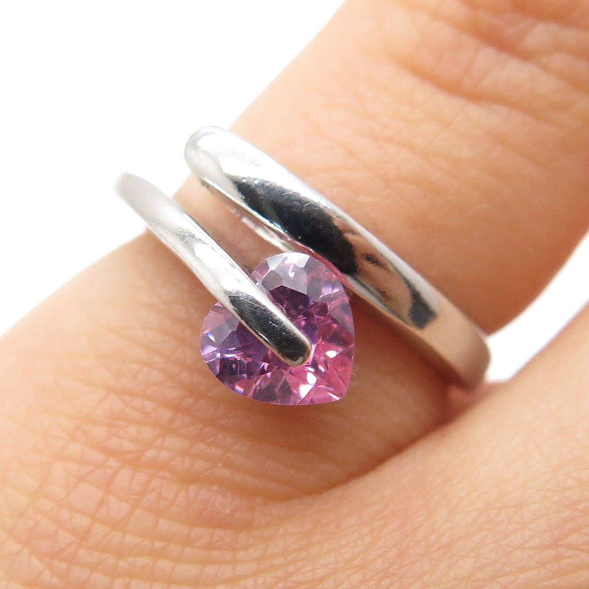925 Sterling Silver Vintage Heart-Cut Pink C Z Spiral Ring Size 5