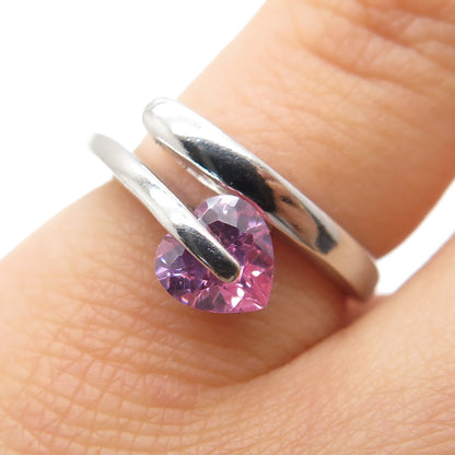 925 Sterling Silver Vintage Heart-Cut Pink C Z Spiral Ring Size 5