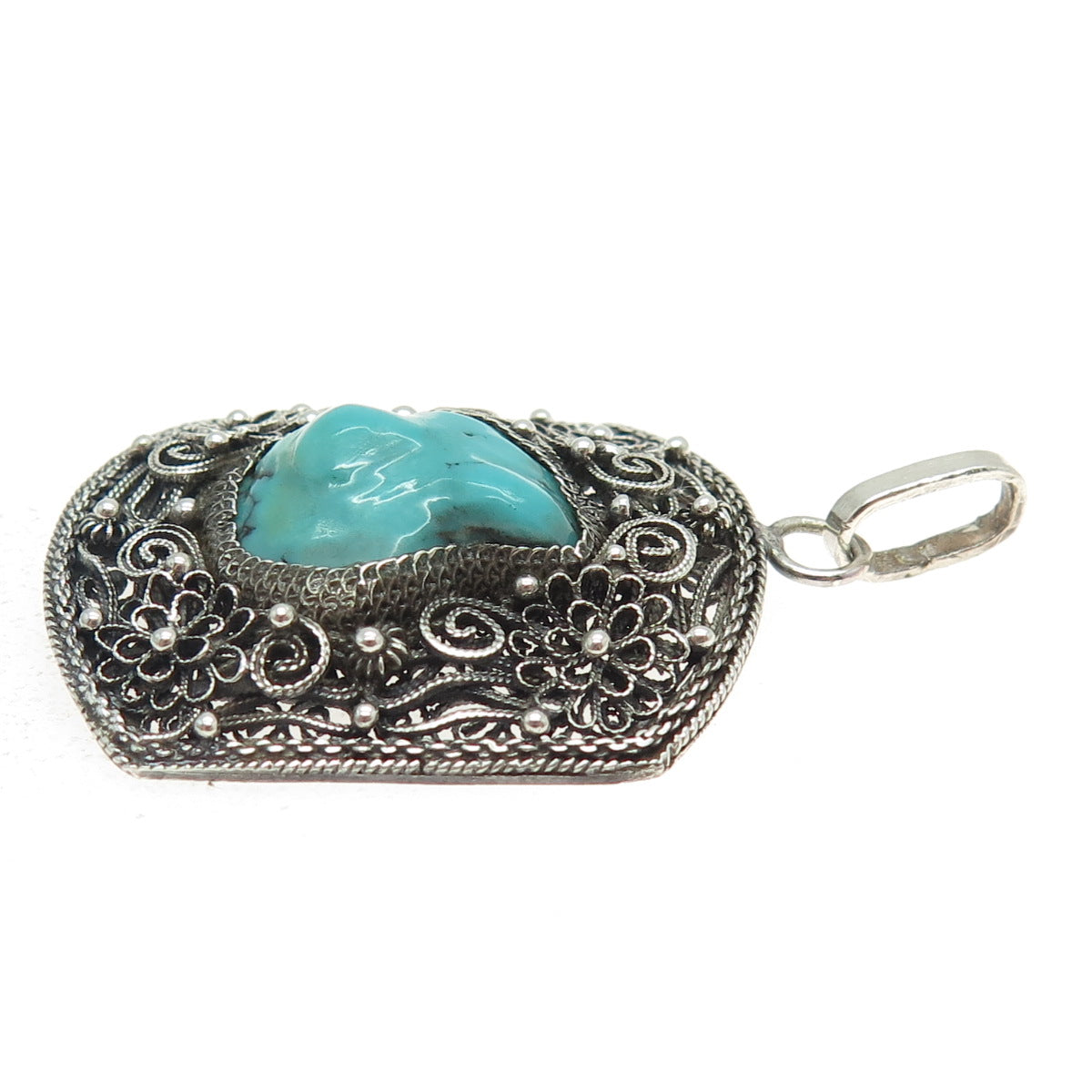 925 Sterling Silver Antique Art Deco Real Turquoise Gem Filigree Floral Pendant