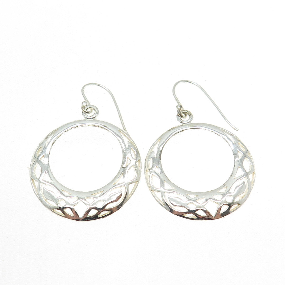 925 Sterling Silver Ornate Crescent Circle Dangle Earrings