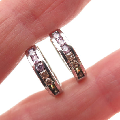 925 Sterling Silver Multi-Color C Z Heart Hoop Earrings