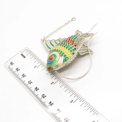 925 Sterling Silver Enamel Antique Articulated Chinese Koi Fish Pendant / Fob