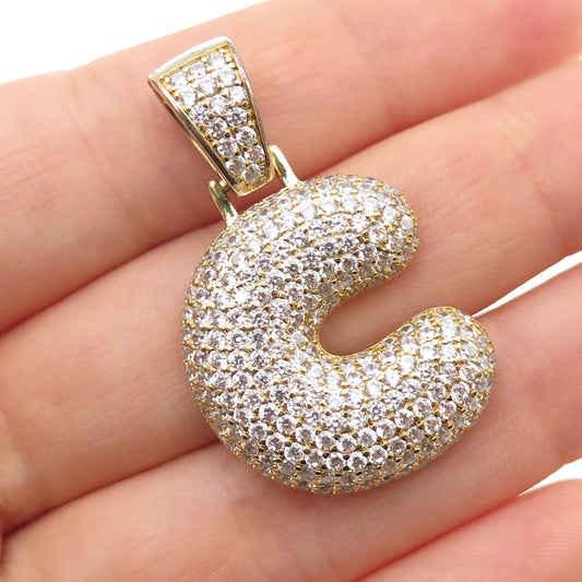 925 Sterling Silver Gold Plated Round-Cut C Z Letter C Initial Pendant