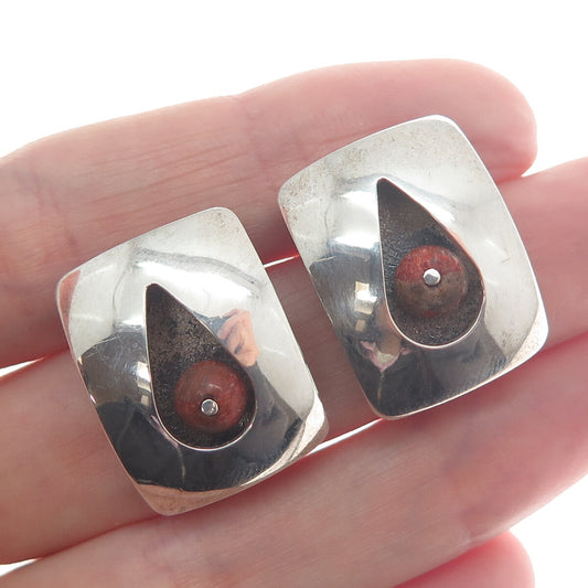 925 Sterling Silver Vintage BK Poland Real Coral Modernist Oxidized Earrings