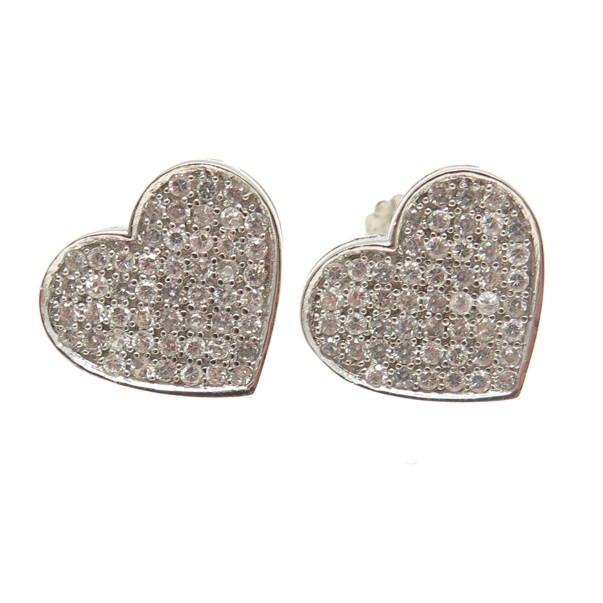 925 Sterling Silver Round-Cut C Z Heart Stud Earrings
