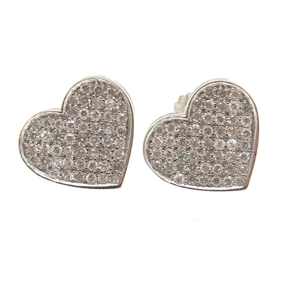 925 Sterling Silver Round-Cut C Z Heart Stud Earrings