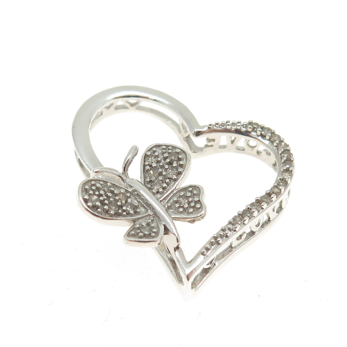 925 Sterling Silver Real Round-Cut Diamond Butterfly Heart Slide Pendant