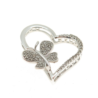 925 Sterling Silver Real Round-Cut Diamond Butterfly Heart Slide Pendant