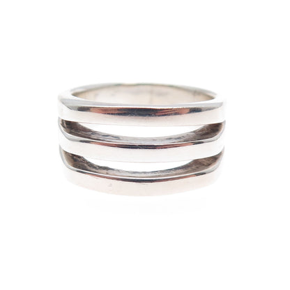 925 Sterling Silver Vintage Modernist 3-Row Ring Size 7