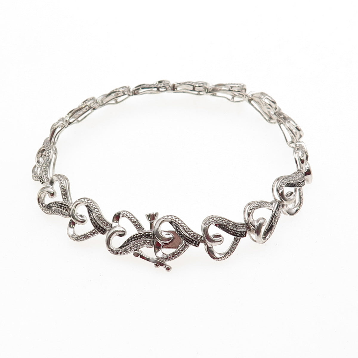 925 Sterling Silver Real Black & White Diamond Heart Link Bracelet 7.25"
