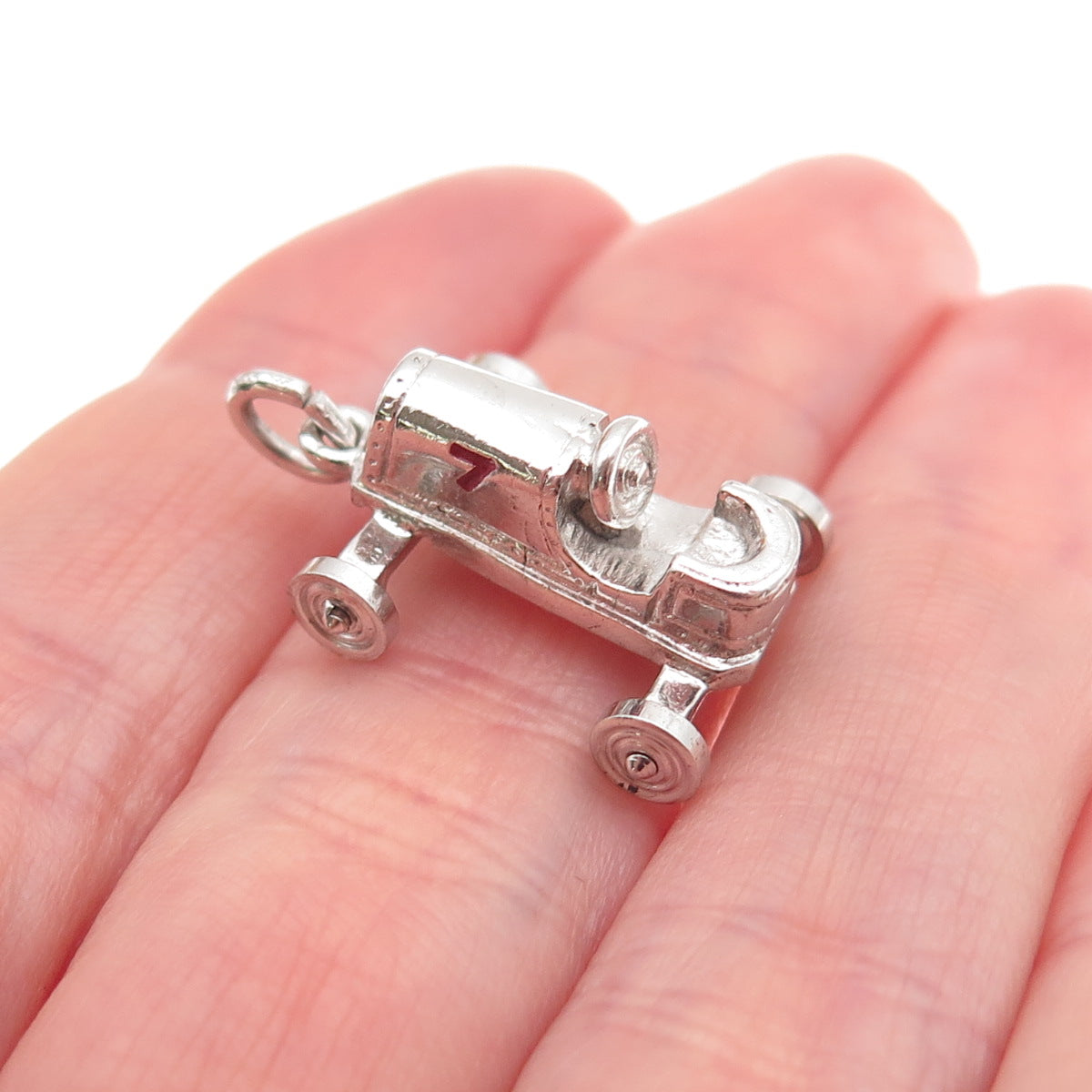 Wells Sterling Silver Vintage Enamel Number 7 Retro Racing Car 3D Mini Pendant