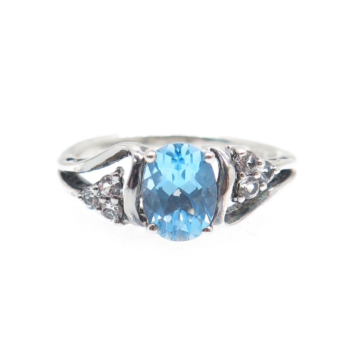SUN 925 Sterling Silver Vintage Real Blue & White Topaz Oxidized Ring Size 7.75