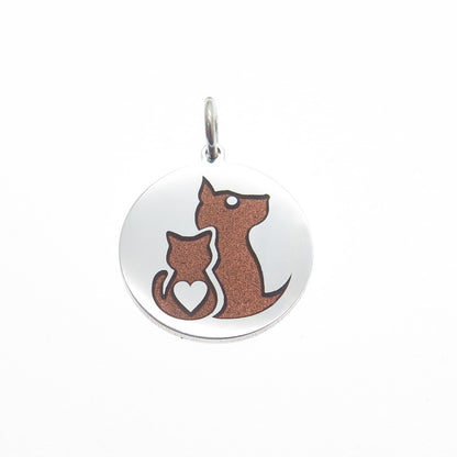 925 Sterling Silver Brown Enamel Cat & Dog Friendship Minimalist Charm Pendant