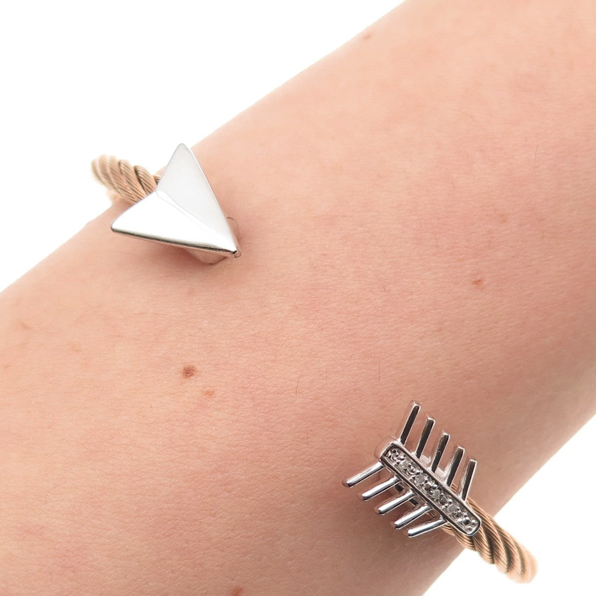 925 Sterling Accent & Stainless Steel Real Diamond Arrow Adjustable Bracelet 7"
