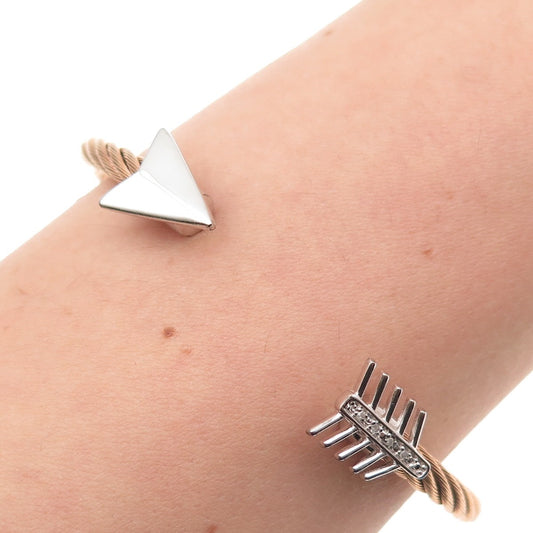 925 Sterling Accent & Stainless Steel Real Diamond Arrow Adjustable Bracelet 7"