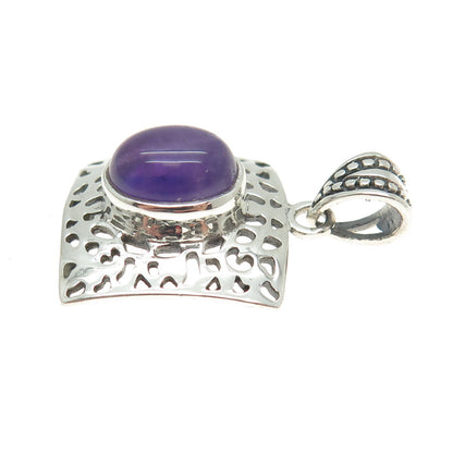 925 Sterling Silver Vintage Real Amethyst Gemstone Cutout Square Pendant