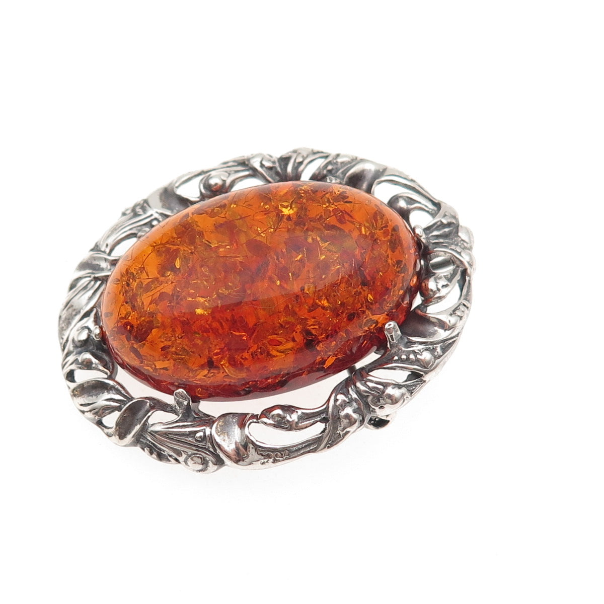 925 Sterling Silver Vintage Sweden Real Amber Floral Oxidized Pin Brooch Pendant