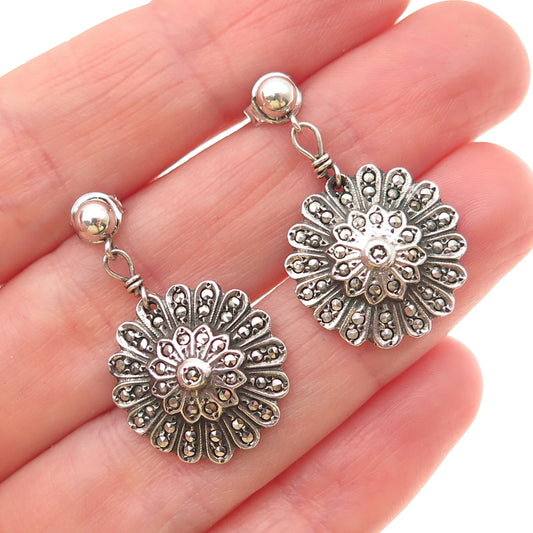 925 Sterling Silver Vintage Real Marcasite Floral Oxidized Dangle Earrings