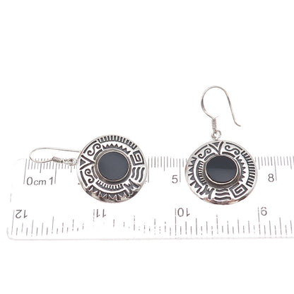Boma 925 Sterling Silver Vintage Real Black Onyx Ethnic Oxidized Dangle Earrings