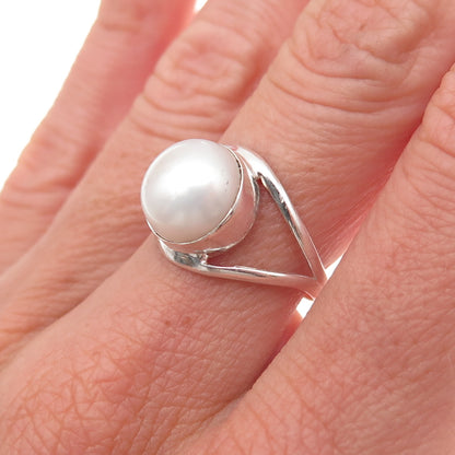 925 Sterling Silver Vintage Real Pearl Modernist Oxidized Ring Size 7