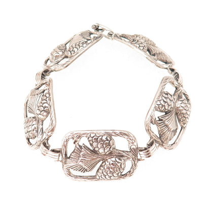 Danecraft Sterling Silver Antique Art Deco Pinecone Panel Link Bracelet 7.25"