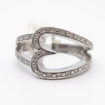 925 Sterling Silver Real Diamond Open Heart Ring Size 6.5